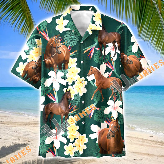 Unijames Thoroughbred Horse Tropical Floral Green Hawaiian Shirt