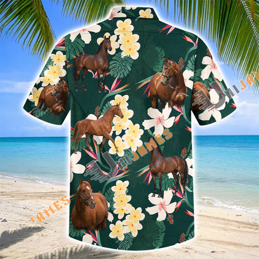 Unijames Thoroughbred Horse Tropical Floral Green Hawaiian Shirt