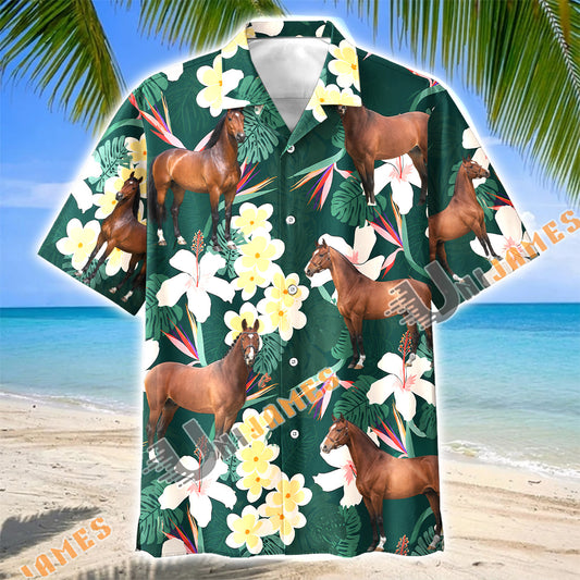 Unijames Warmblood Horse Tropical Floral Green Hawaiian Shirt