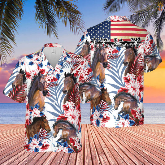 Unique Horse American Flag Flowers Hawaiian Shirt
