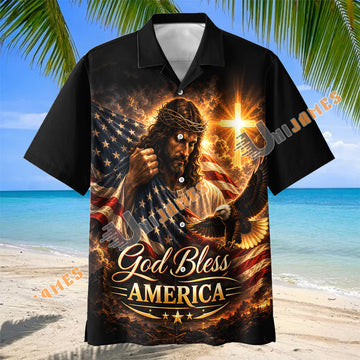 Unijames God Bless America Jesus Holding US Flag & Crown of Thorns Hawaiian Shirt