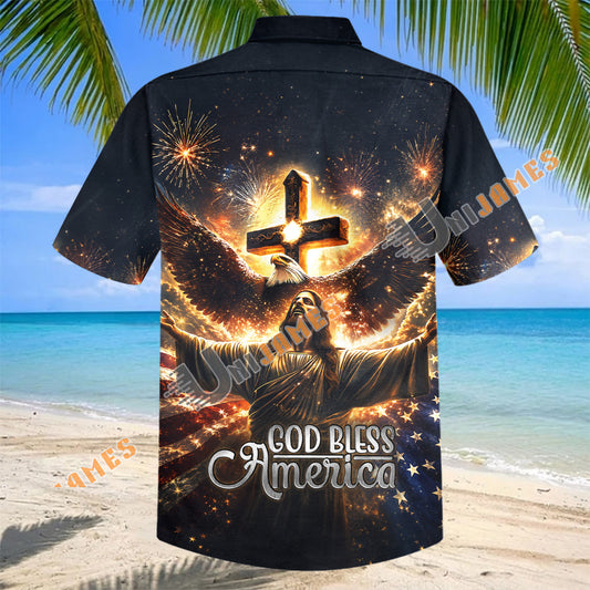 Unijames God Bless America Patriotic Jesus & Eagle Hawaiian Shirt