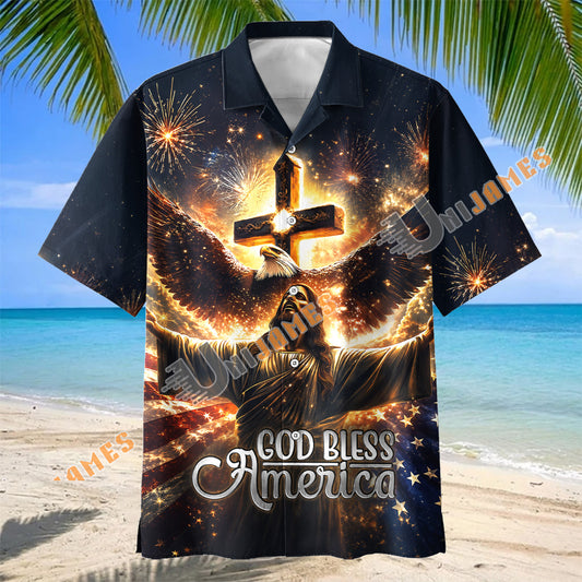 Unijames God Bless America Patriotic Jesus & Eagle Hawaiian Shirt