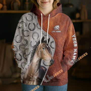UniJames Personalized Hackney Horse Split Faux Leather & Horseshoe 3D Hoodie
