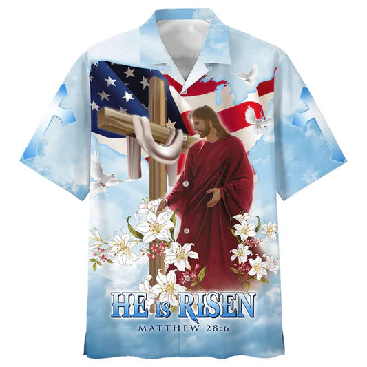 UniJames He Is Risen Jesus Cross With Lilies Hawaiian Shirt - Best Hawaiian Shirts - Christian Hawaiian Shirt