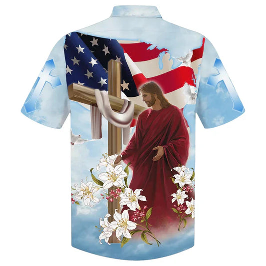 UniJames He Is Risen Jesus Cross With Lilies Hawaiian Shirt - Best Hawaiian Shirts - Christian Hawaiian Shirt