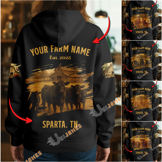 Uni Personalized Name & Farm Name Black Cattle Hoodie