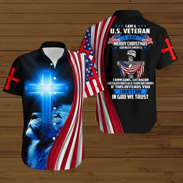 UniJames I Am A U.S Veteran I Say Merry Christmas God Bless America Summer Hawaiian Shirt - Christian Hawaiian Shirt for Men Women