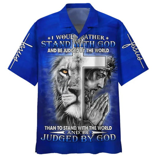 UniJames I Would Rather Stand With God Hawaiian Shirt For Men - Jesus And The Lion Hawaiian Shirts - Christian Hawaiian Shirt