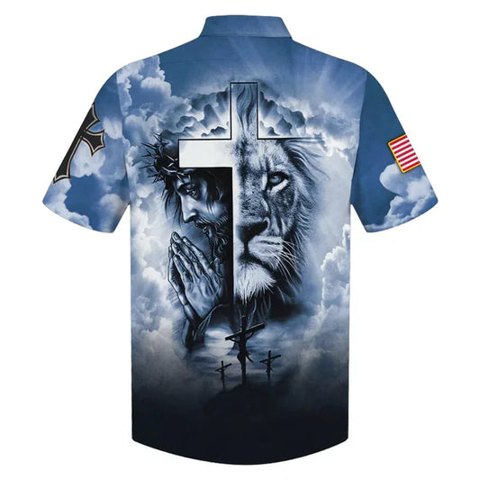 UniJames Jesus And Cross Lion Pray Hawaiian Shirt - Best Hawaiian Shirts - Christian Hawaiian Shirt