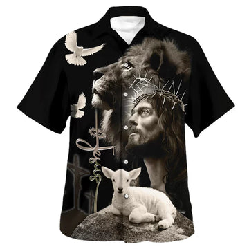 UniJames Jesus And Lion And Sheep Hawaiian Shirt - Christian Hawaiian Shirt - Religious Hawaiian Shirts