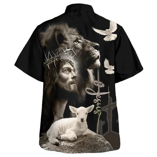 UniJames Jesus And Lion And Sheep Hawaiian Shirt - Christian Hawaiian Shirt - Religious Hawaiian Shirts