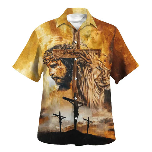 UniJames Jesus And Lion Hawaiian Shirts For Men - Christian Hawaiian Shirt - Hawaiian Summer Shirts