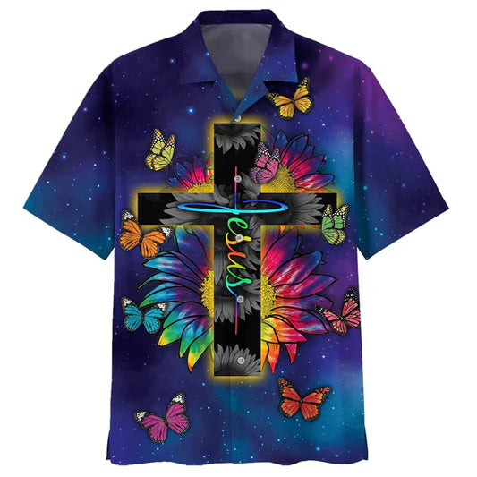 UniJames Jesus Butterfly Sunflower Hawaiian Shirts - Christian Hawaiian Shirt - Jesus Hawaiian Shirts