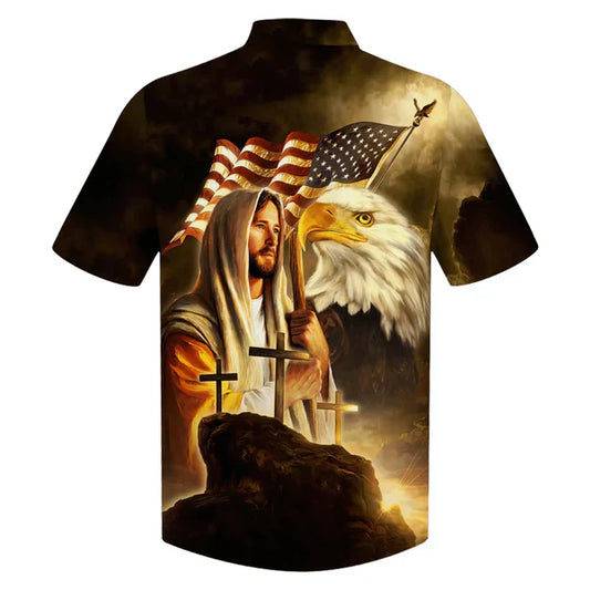 UniJames Jesus Eagle American Flag United States Hawaiian Shirts - Christian Hawaiian Shirt - Jesus Hawaiian Shirts