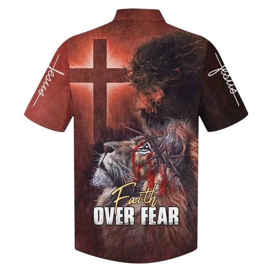 UniJames Jesus Faith Over Fear Lion Cross Hawaiian Shirt - Best Hawaiian Shirts - Christian Hawaiian Shirt