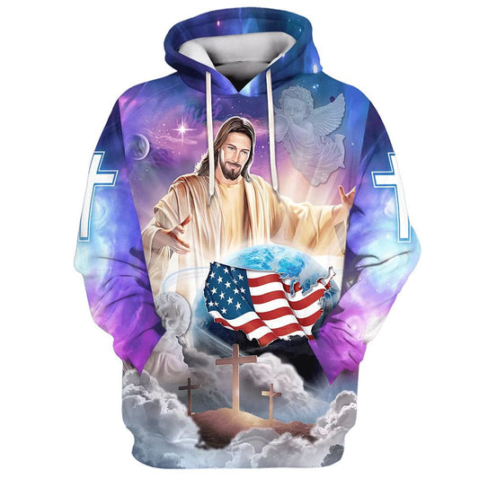 Jesus Hands Holding Earth 3D Hoodie Christian American Flag 3D Hoodies Jesus Hoodie, God 3D Printed Hoodie, Christian Apparel Hoodies