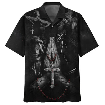UniJames Jesus Hands Praying Lion Hawaiian Shirts - Christian Hawaiian Shirt - Hawaiian Shirts For Men