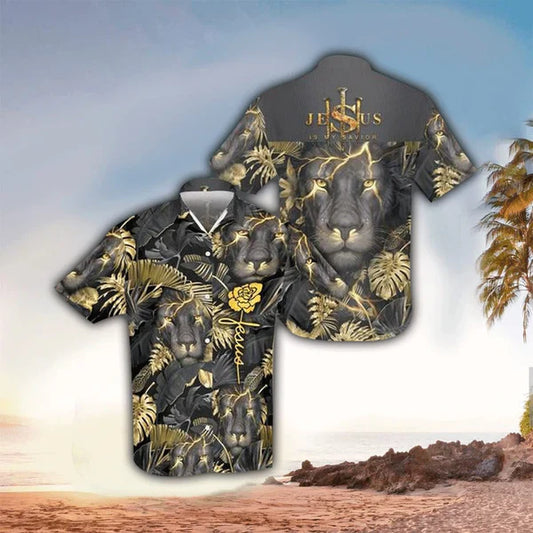 UniJames Jesus Is My Savior Three Nails Black Lion Hawaiian Shirt - Christian Hawaiian Shirt for Men Women