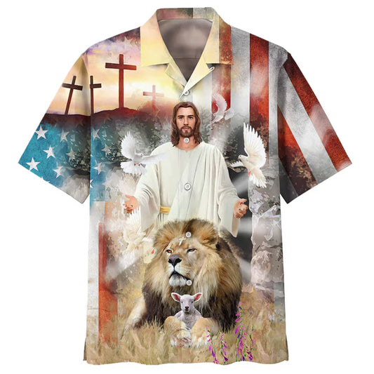 UniJames Jesus Lion And The Lamb Cross Hawaiian Shirts - Christian Hawaiian Shirt - Hawaiian Shirts For Men