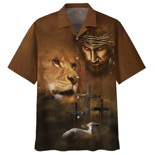 UniJames Jesus Lion And The Lamb Three Cross Hawaiian Shirts - Christian Hawaiian Shirt - Hawaiian Shirts For Men