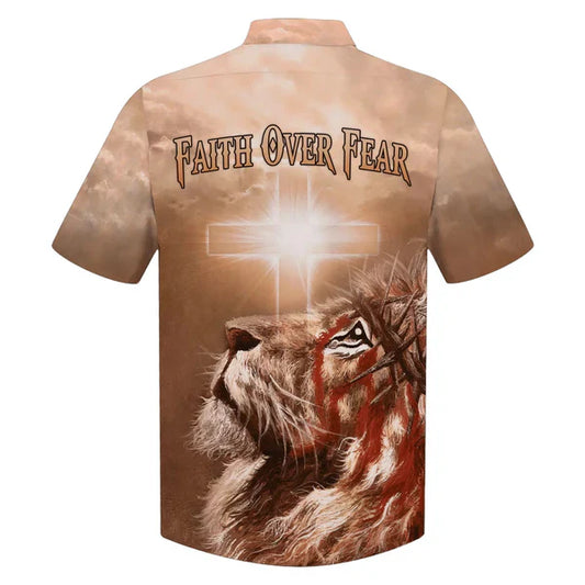 UniJames Jesus Lion Cross Flag Faith Over Fear Hawaiian Shirt - Best Hawaiian Shirts - Christian Hawaiian Shirt