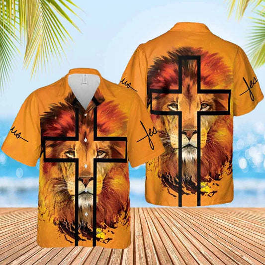 UniJames Jesus Lion Cross Portrait Hawaiian Shirt - Christian Hawaiian Shirts For Women Men