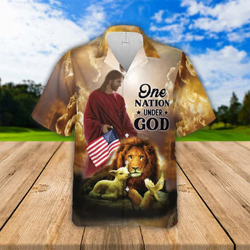 UniJames Jesus Lion Lamb One Nation Under God Hawaiian Shirts - Religious Hawaiian Shirts - Hawaiian Christian For Men Women