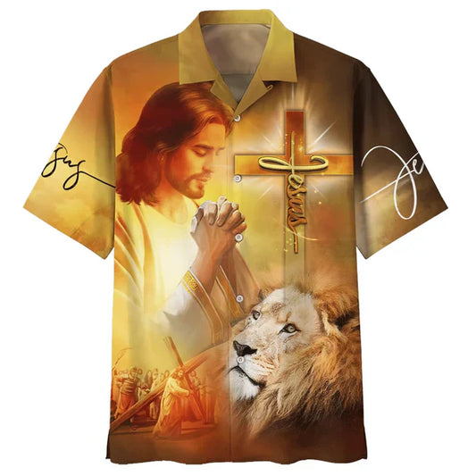 UniJames Jesus Prayer Lion Cross Hawaiian Shirts - Christian Hawaiian Shirt - Hawaiian Shirts For Men