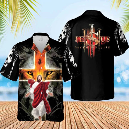 UniJames Jesus Saved My Life Lion Cross Hawaiian Shirt - Christian Hawaiian Shirts For Women Men