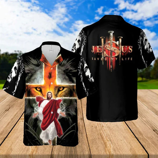 UniJames Jesus Saved My Life Lion Cross Hawaiian Shirts - Religious Hawaiian Shirts - Hawaiian Christian For Men Women