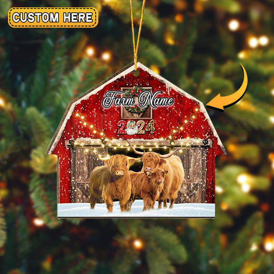 Uni Highland Cattle Christmas Gift Red Barn Custom Shape Acrylic Ornament