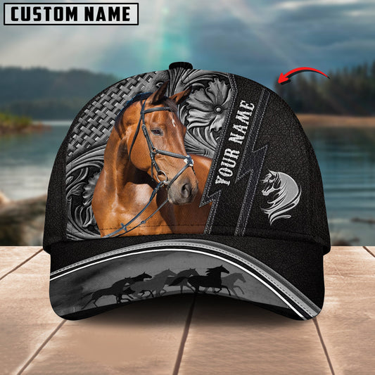 Unijames Warmblood Horse Carving Black Leather Pattern Personalized Name Cap