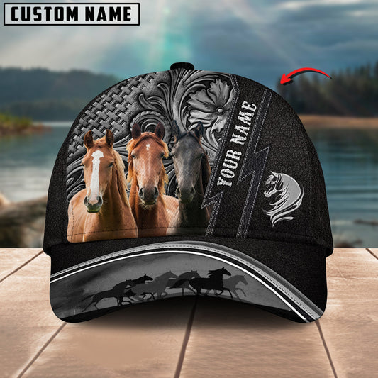 Unijames Three Horses Carving Black Leather Pattern Personalized Name Cap