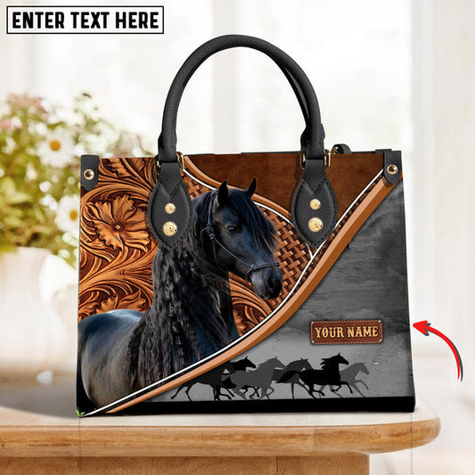 Unijames Friesian Horse Carving Leather Pattern Custom Name 3D Leather Handbag