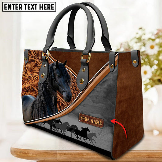 Unijames Friesian Horse Carving Leather Pattern Custom Name 3D Leather Handbag
