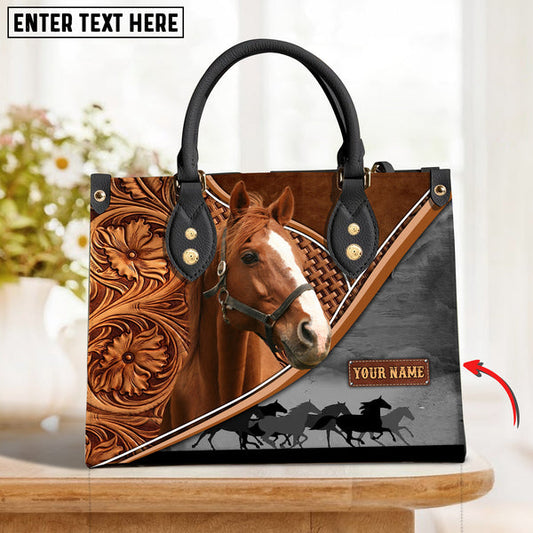 Unijames Thoroughbred Horse Carving Leather Pattern Custom Name 3D Leather Handbag