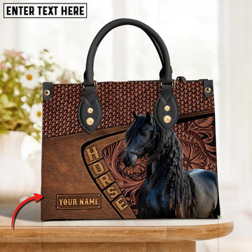 Unijames Friesian Horse Carving Leather Pattern Custom Name 3D Leather Handbag