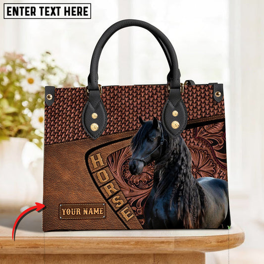 Unijames Friesian Horse Carving Leather Pattern Custom Name 3D Leather Handbag