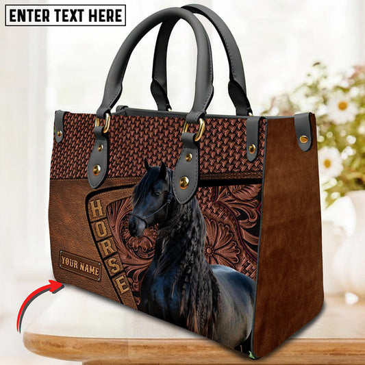 Unijames Friesian Horse Carving Leather Pattern Custom Name 3D Leather Handbag