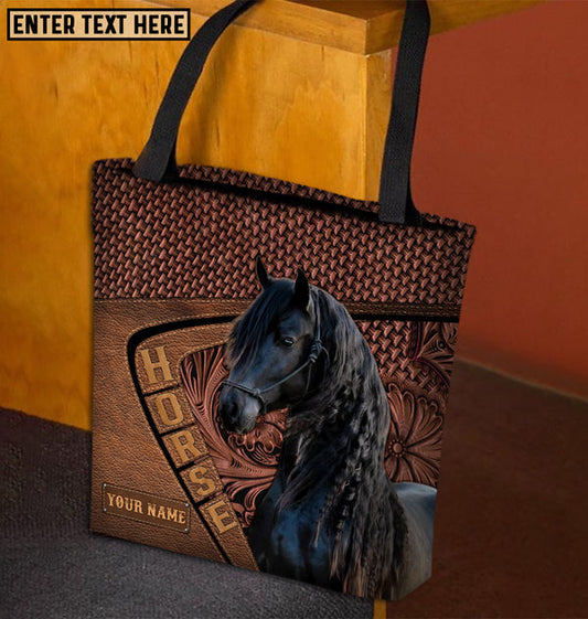 Unijames Friesian Horse Carving Leather Pattern Custom Name 3D Tote Bag