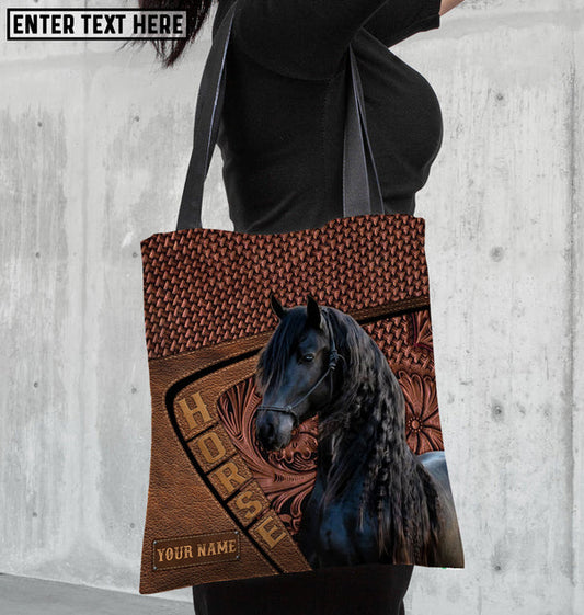 Unijames Friesian Horse Carving Leather Pattern Custom Name 3D Tote Bag