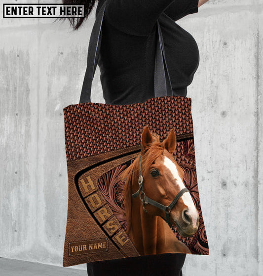 Unijames Thoroughbred Horse Carving Leather Pattern Custom Name 3D Tote Bag