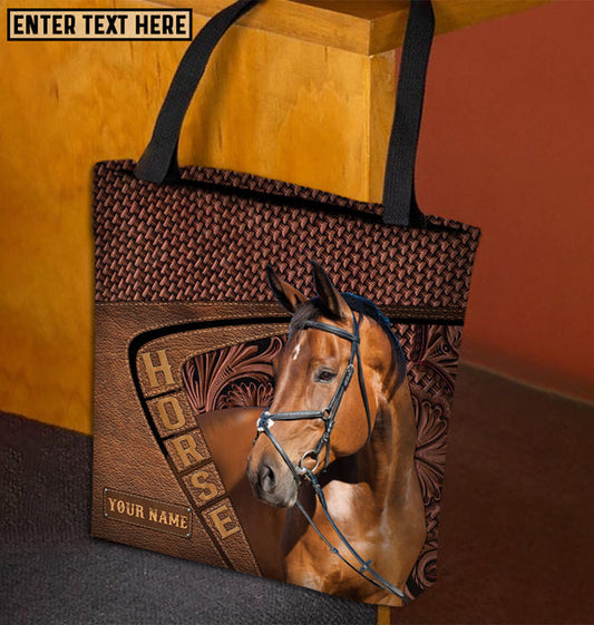 Unijames Warmblood Horse Carving Leather Pattern Custom Name 3D Tote Bag