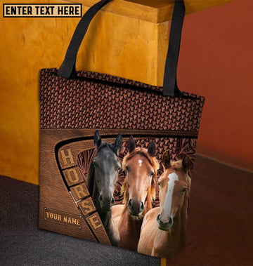 Unijames Three Horses Lovers Carving Leather Pattern Custom Name 3D Tote Bag