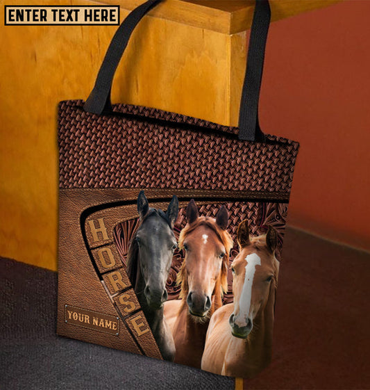 Unijames Three Horses Lovers Carving Leather Pattern Custom Name 3D Tote Bag