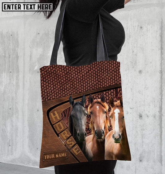 Unijames Three Horses Lovers Carving Leather Pattern Custom Name 3D Tote Bag