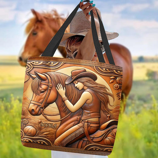 Unijames A Girl And Her Horse Custom Name 3D Tote Bag