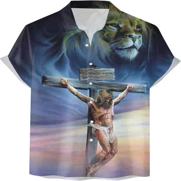 UniJames Lion Crucifixion Of Jesus Christian Hawaiian Shirt - Hawaiian Beach Shirts for Men Women