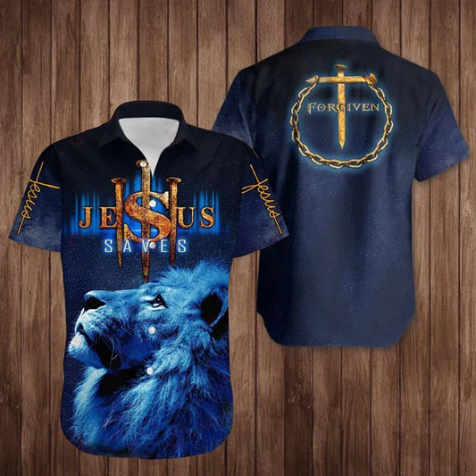 UniJames Lion Jesus Saves Hawaiian Shirt Forgiven Cross Christian Faith Shirt Clothing Unique - Christian Hawaiian Shirt for Men Women